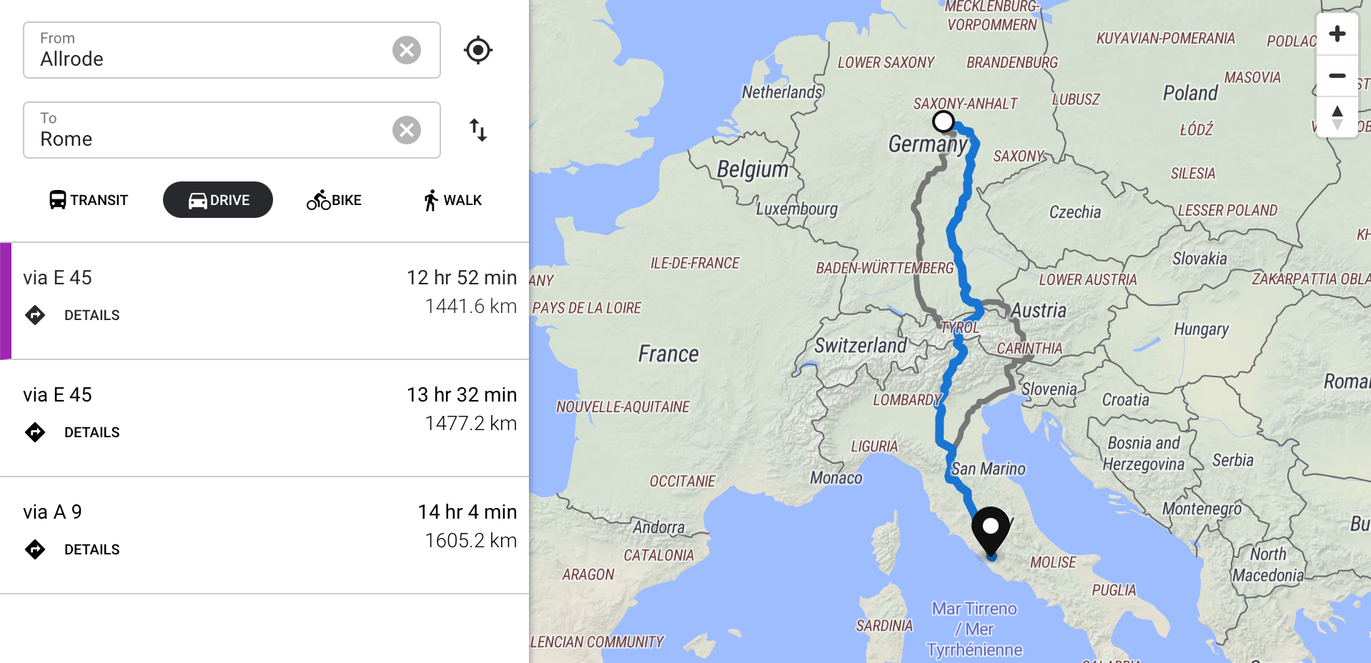 screenshot of a Headway map framing most of central Europe that shows several alternatives for driving directions from Allrode, Germany to Rome, Italy