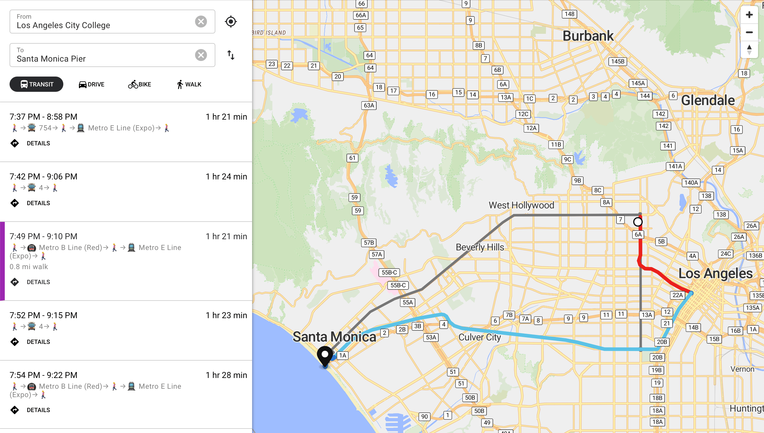 screenshot of Headway map framing Santa Monica to Los Angeles, showing transit directions from Los ANgeles City College to Santa Monica Pier. Several alternative trip options are shown.