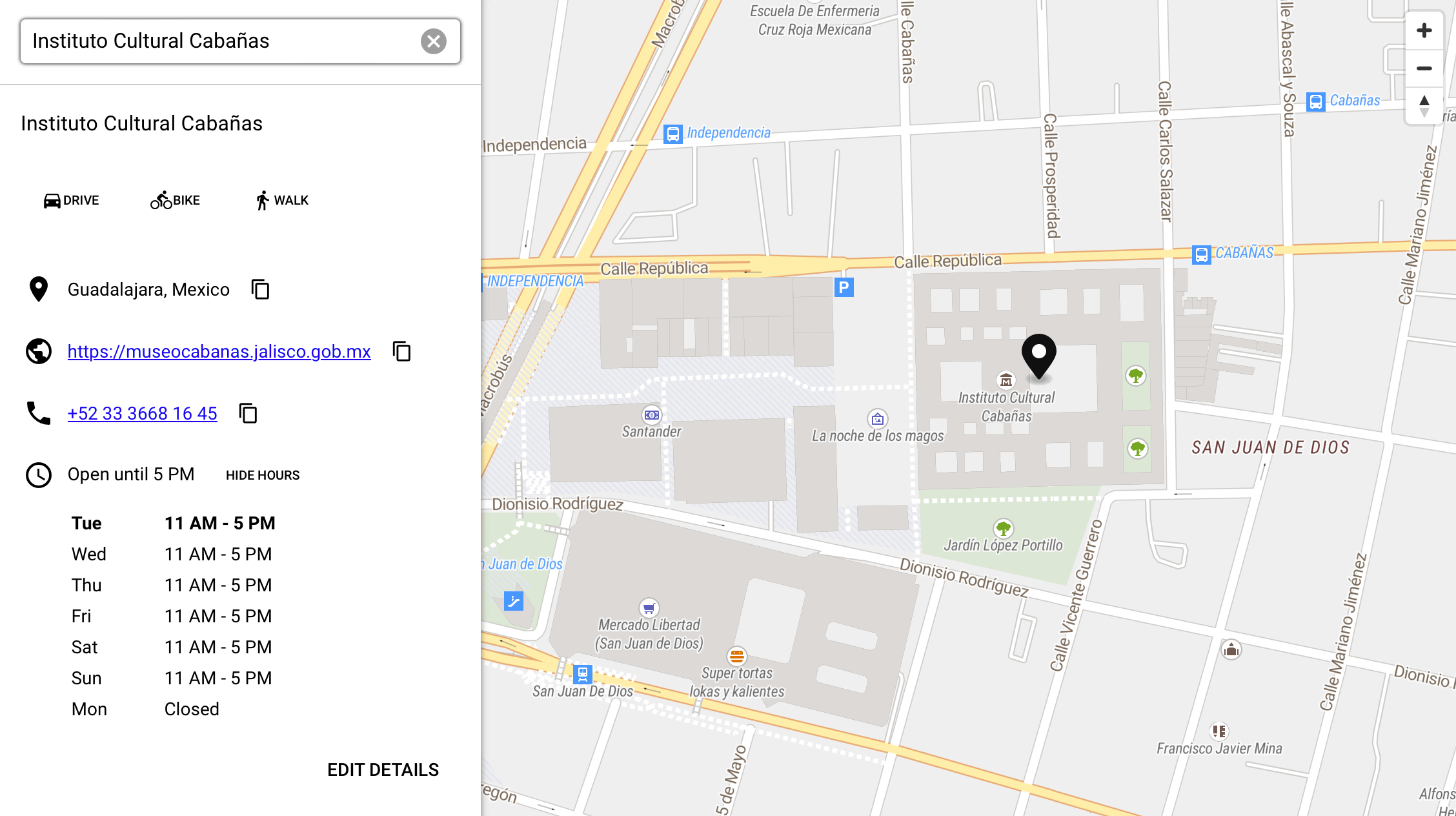 Screenshot of a map on maps.earth showing the Instituto Cultural Cabañas in Guadalajara Mexico, showing its website, phone number, and opening hours.